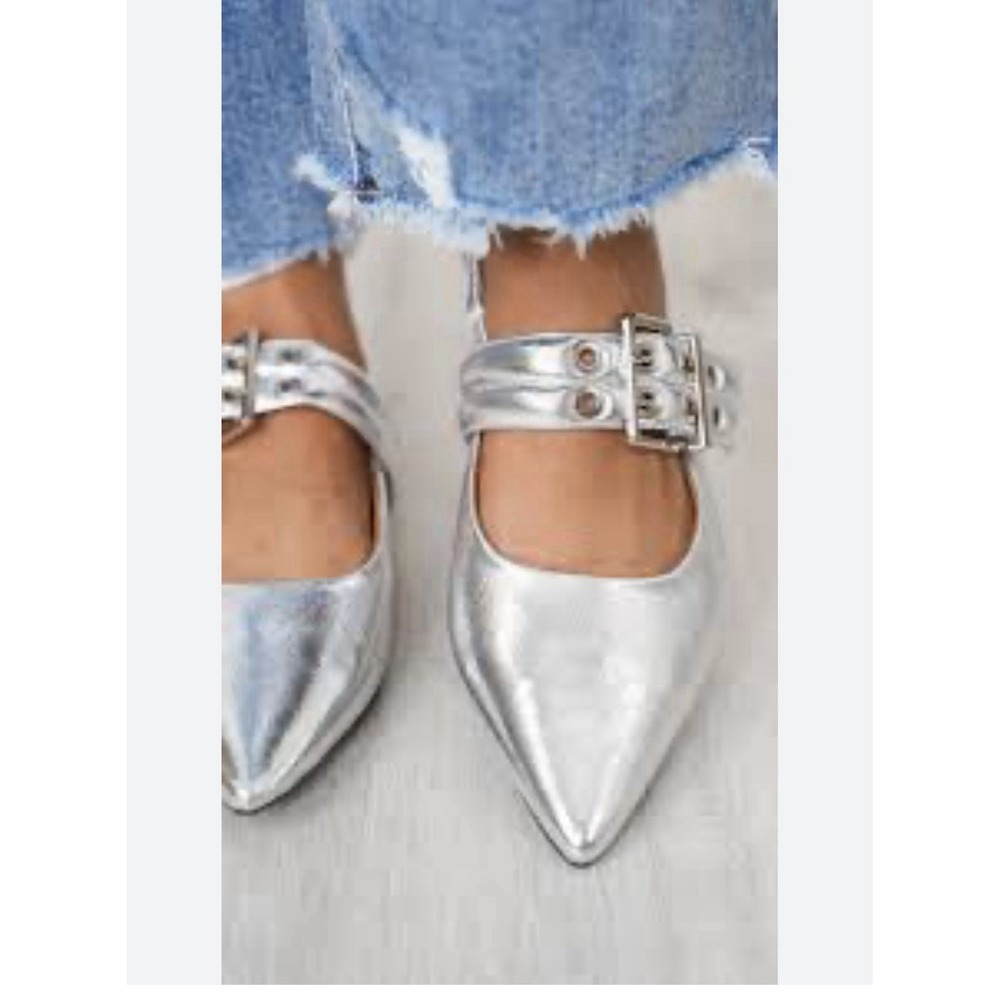 IDIFU Silver Metallic Pointed Toe Mary Jane Flats Double Buckle FPSE24HIP 7.5